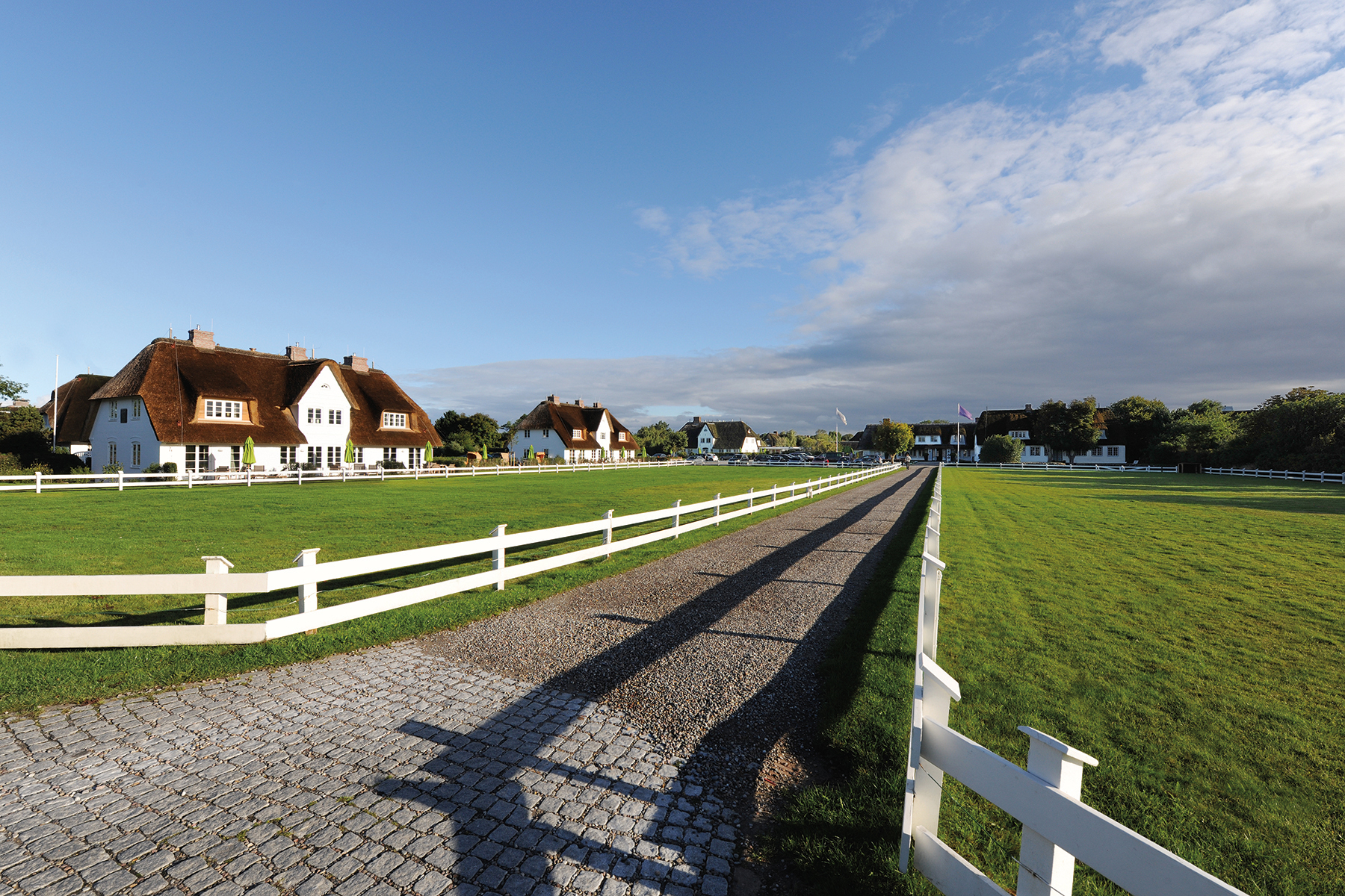Reetgedeckte Landhäuser auf Sylt mit gepflastertem Weg, weißen Zäunen und grünen Wiesen unter einem blauen Himmel mit leichten Wolken.