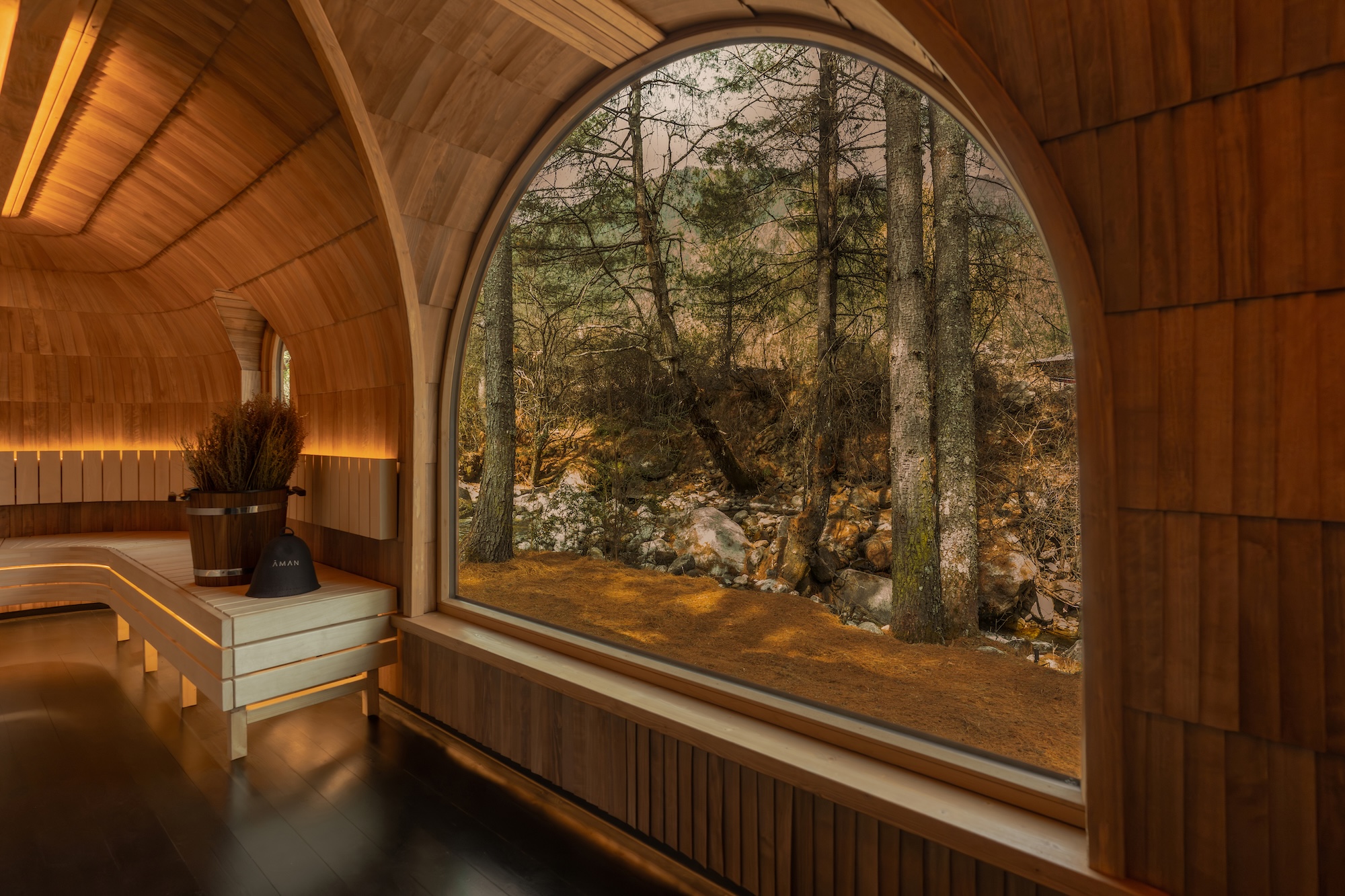 Holzverkleidete Banya Sauna mit einem großen Rundfenster und Blick in den Kiefernwald.