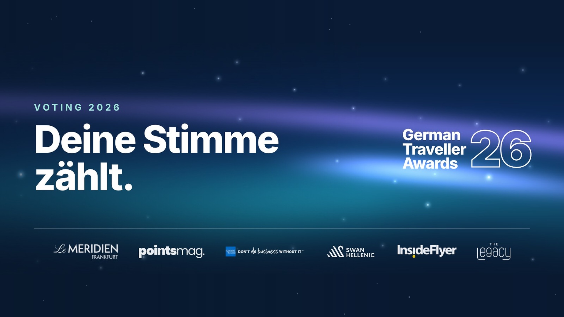 Voting-Grafik der German Traveller Awards 2026 mit dem Schriftzug Deine Stimme zählt.