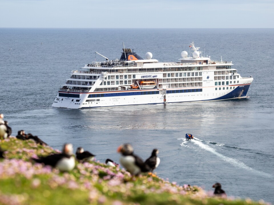 Ein Expeditionsschiff und ein Zodiac auf dem Meer, im Vordergrund Papageitaucher auf einem Felsen.
