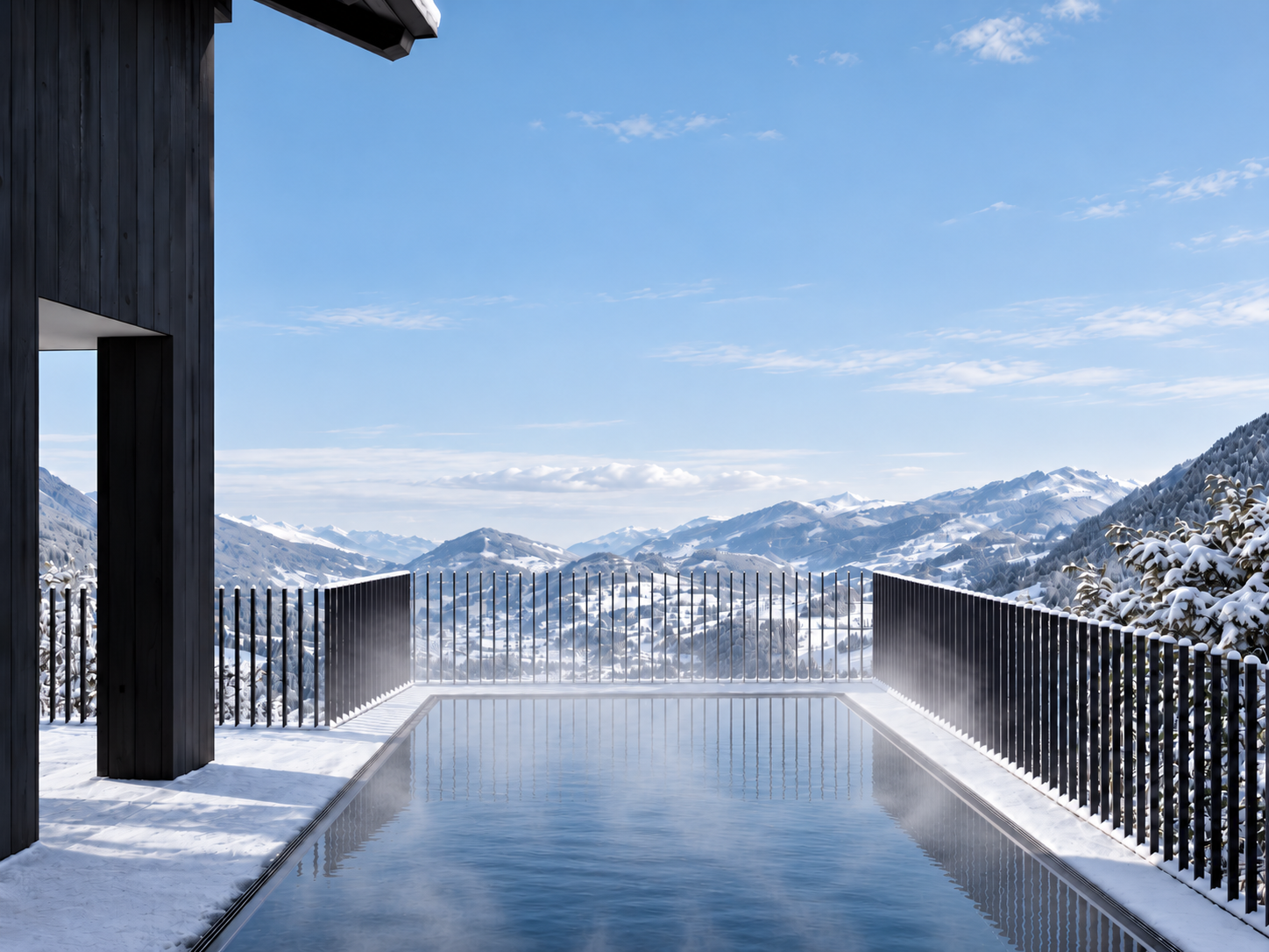 Visualisierung eines beheizten Rosenstoa Aussenpools mit Blick auf verschneite Berge
