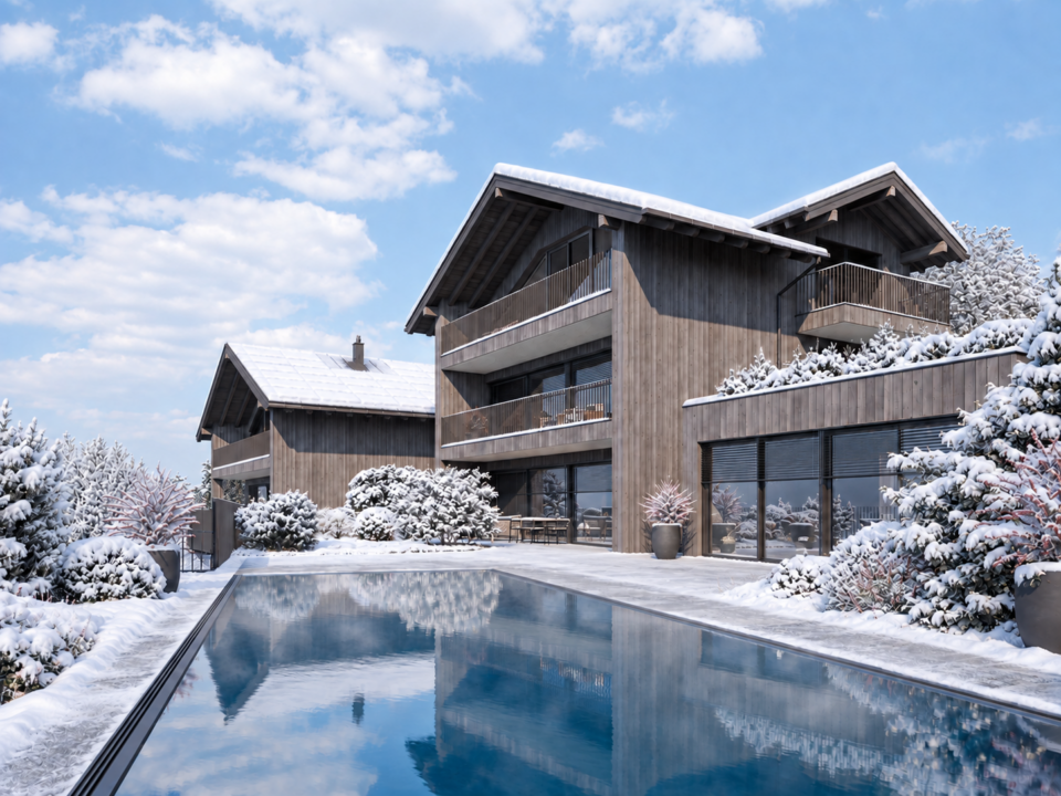 Visualisierung der Rosenstoa Chalets mit Pool in verschneiter Umgebung