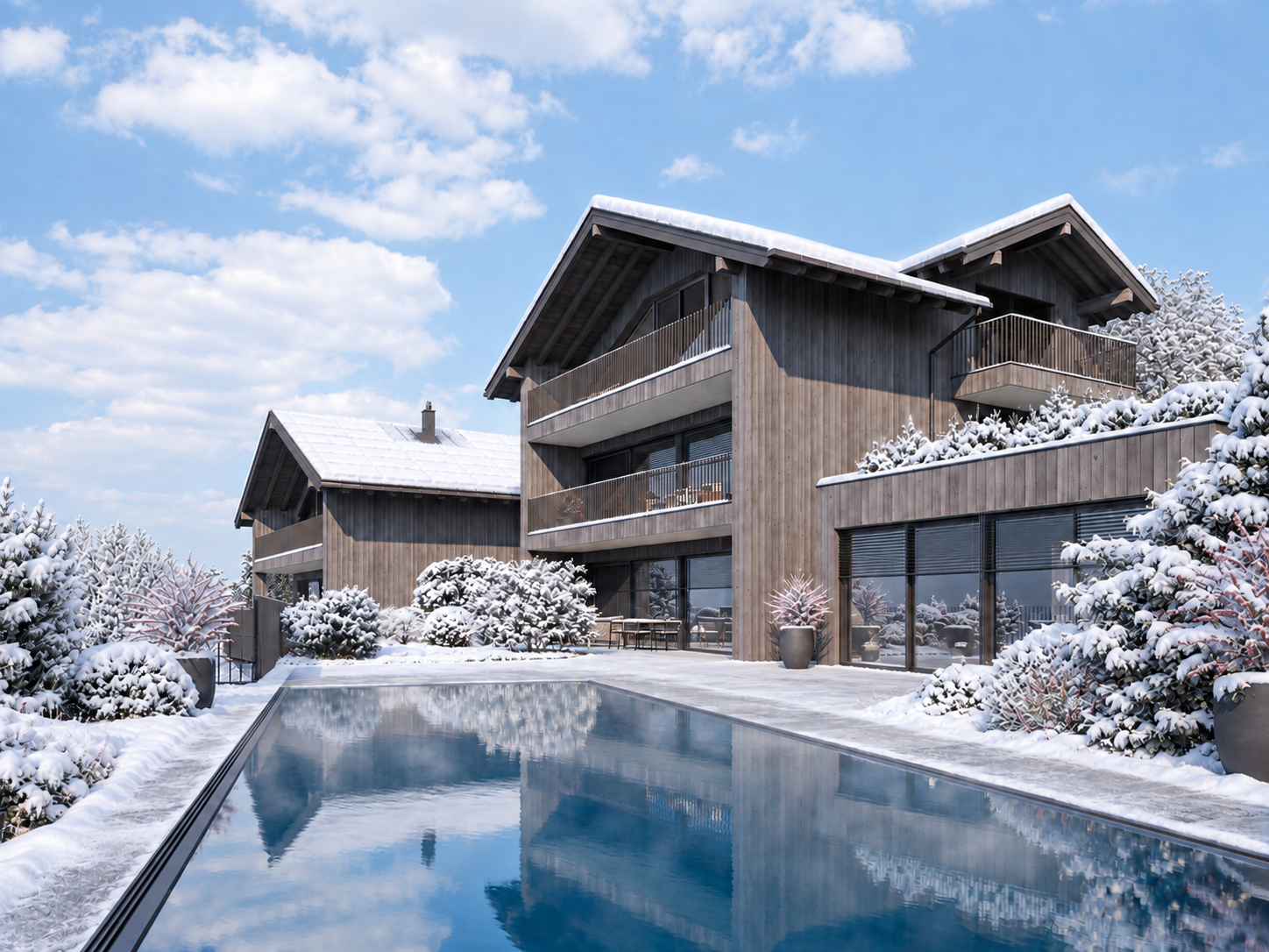 Visualisierung der Rosenstoa Chalets mit Pool in verschneiter Umgebung