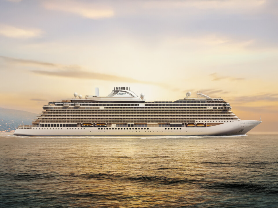Visualisierung der Seven Seas Prestige mit dem gesamten Schiff im Abendlicht auf dem Meer
