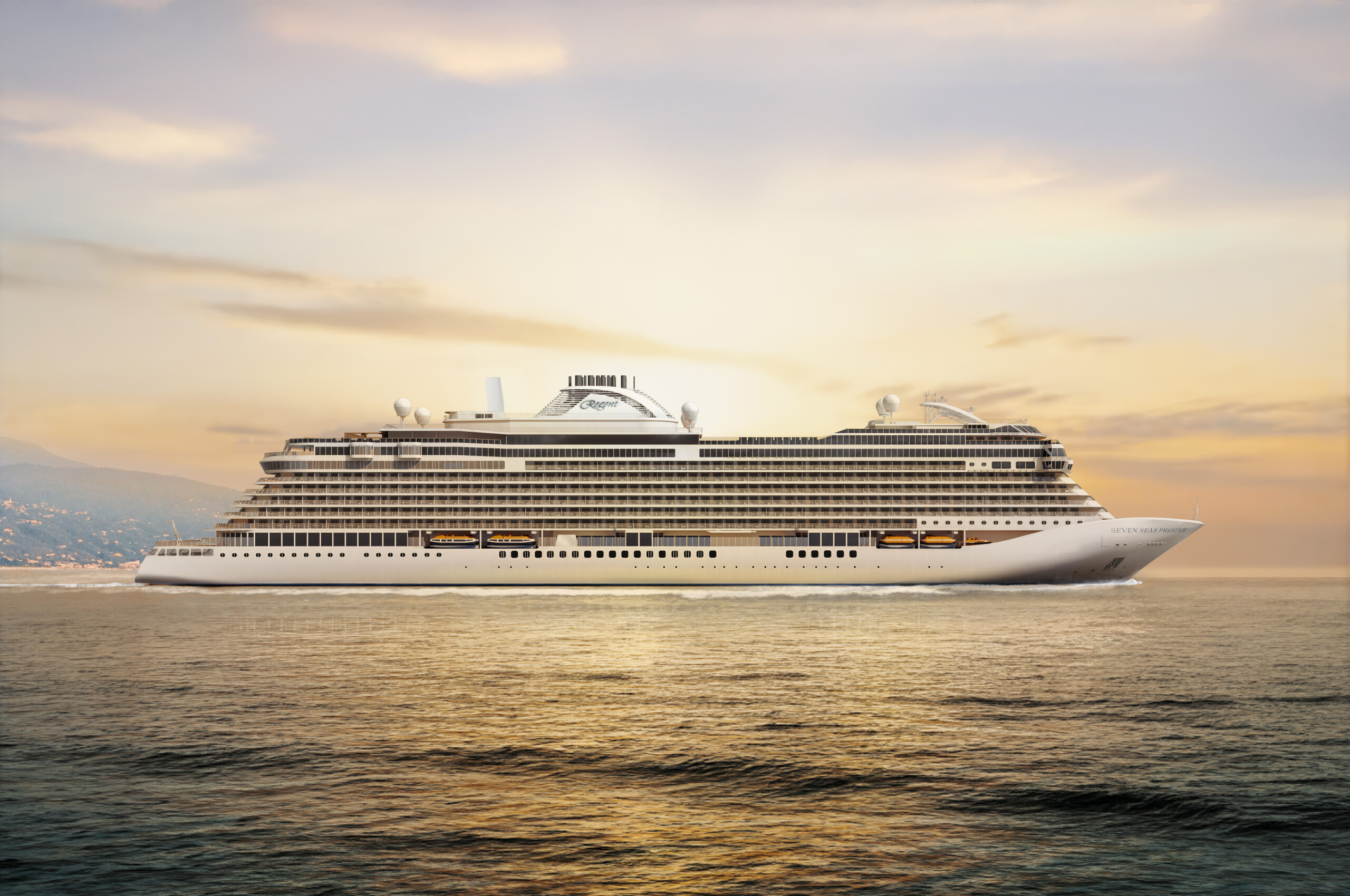 Visualisierung der Seven Seas Prestige mit dem gesamten Schiff im Abendlicht auf dem Meer