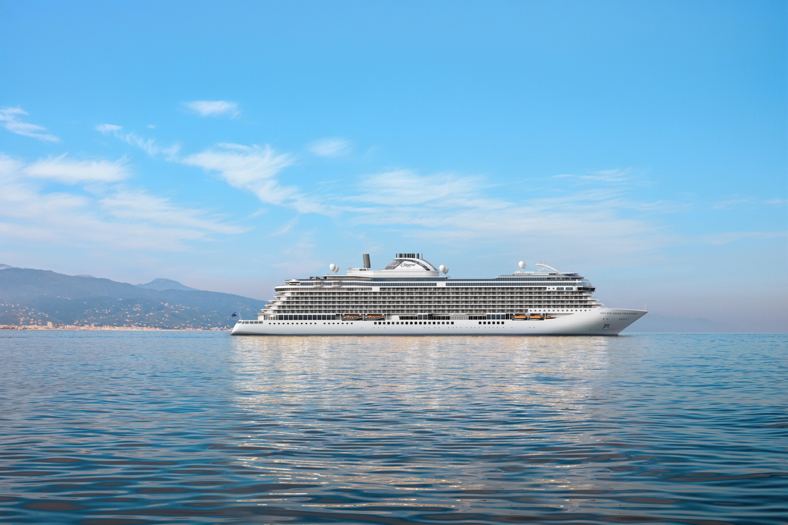 Visualisierung der Seven Seas Prestige mit vollständig sichtbarem Schiff auf blauem Meer vor einer Küstenlandschaft