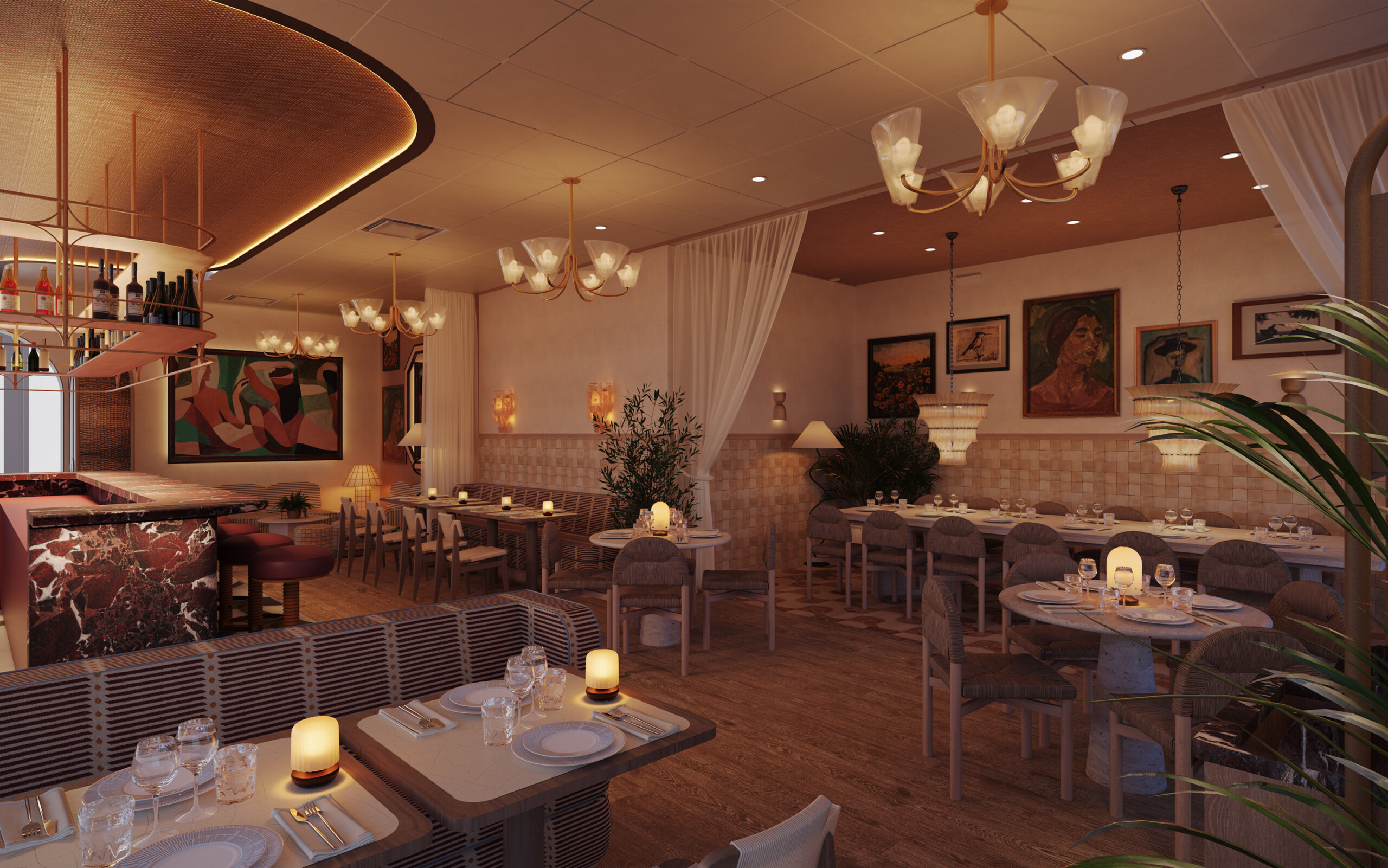 Visualisierung des geplanten Restaurants Cleo im The Hoxton Hamburg am Abend