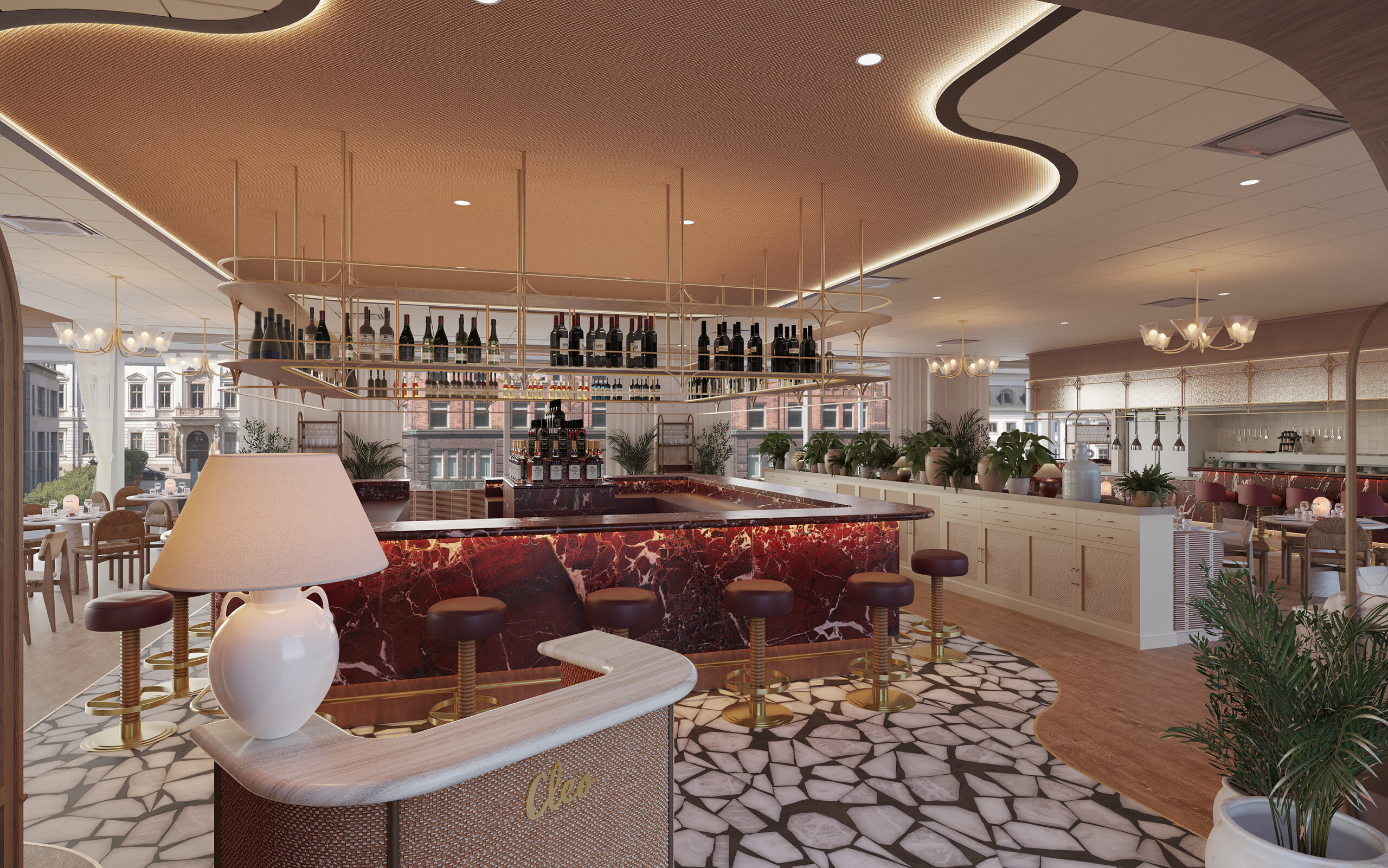 Visualisierung des geplanten Restaurants Cleo im The Hoxton Hamburg bei Tageslicht