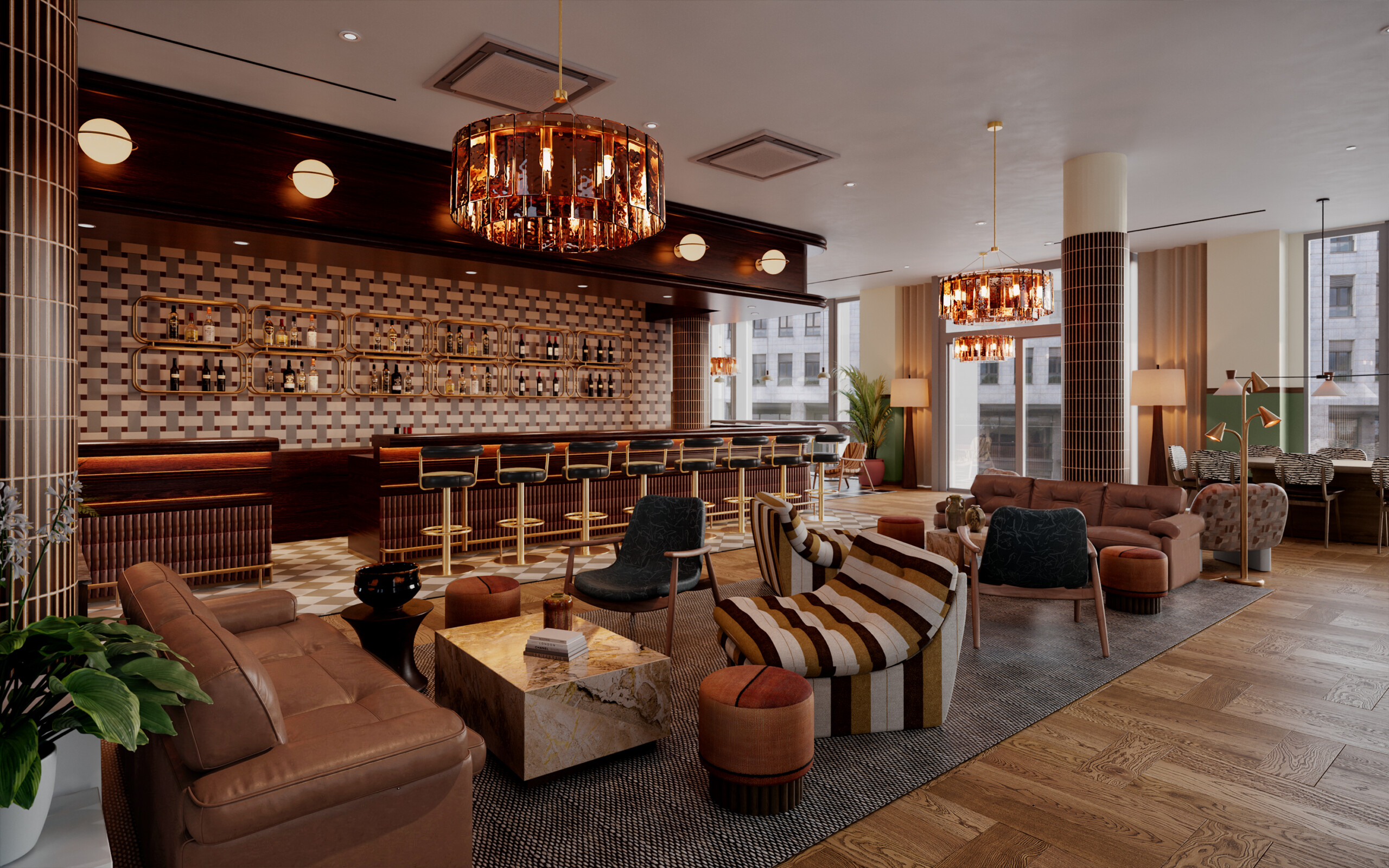 Visualisierung der geplanten Lobbybar im The Hoxton Hamburg